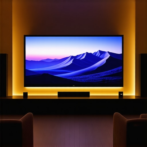 High-tech home theater with 8K TV, voice controls, and ambient lighting