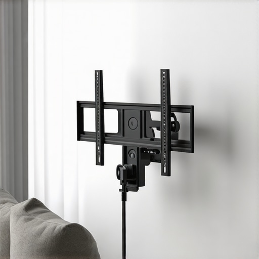 Close-up of a sleek, adjustable wall mount with organized cables in contemporary interior.