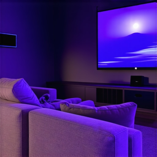 Elegant home theater featuring OLED and mini LED screens with advanced wall mounts and ambient lighting.