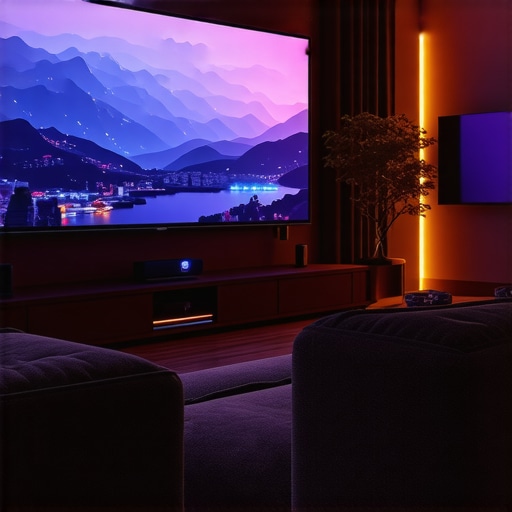 Elegant home theater with wall-mounted OLED TV and mini LED projector