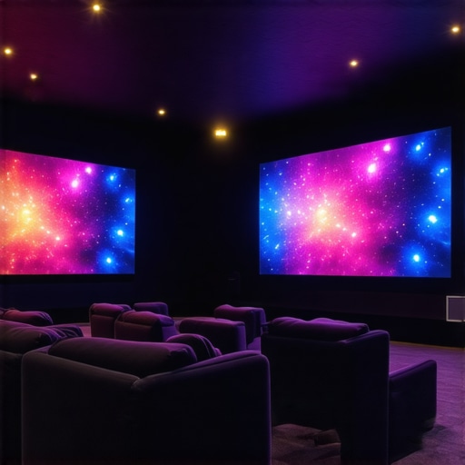Modern home theater setup with OLED and Mini LED screens displaying vibrant images