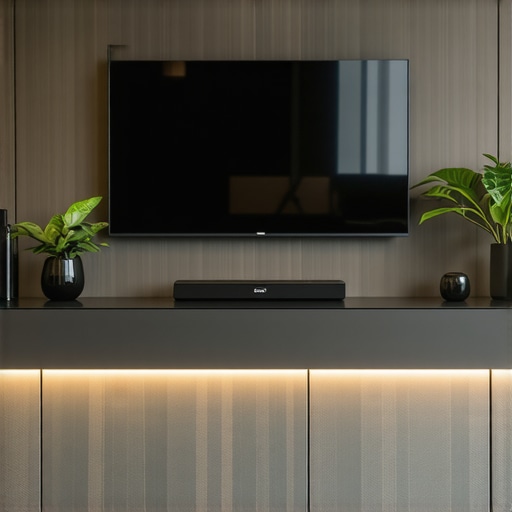 Modern living room with wall-mounted OLED TV and sound system