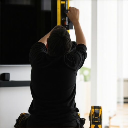 A person carefully mounts a TV on the wall with tools and proper measurements