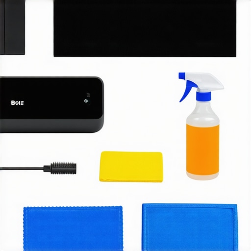 Home Theater Maintenance Tools A home theater maintenance kit with calibration tools and cleaning supplies on a modern desk.