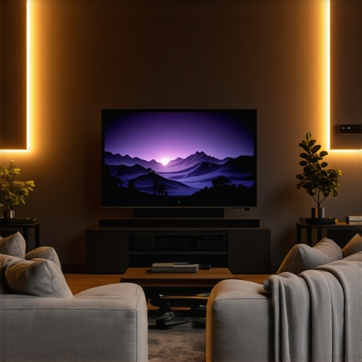 Home Theater Setup with OLED TV Living room with wall-mounted OLED TV and sound system.