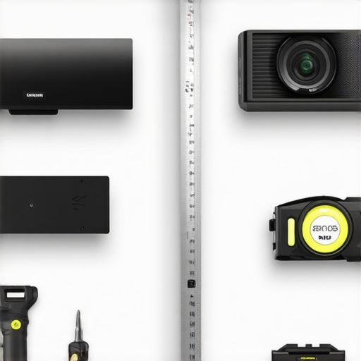 A modern living room with a mounted projector, level, and measuring tools