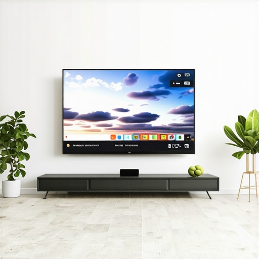 Living room with OLED TV mounted on wall with proper calibration and lighting