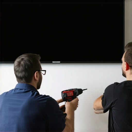 Proper OLED TV Mounting Setup Person using tools to mount OLED TV on wall with measurement tools