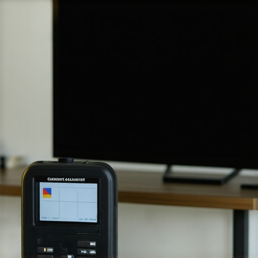Calibrating Your Display with Precision Tools Person using a colorimeter device to calibrate a wall-mounted OLED TV