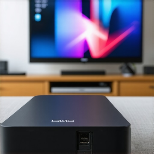 Professional calibration device being used to calibrate a modern OLED TV in a stylish home theater.