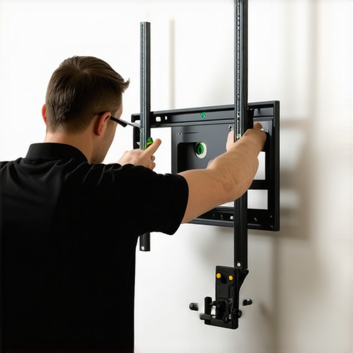 A technician carefully mounting a flat-screen TV on a wall using proper tools and hardware.