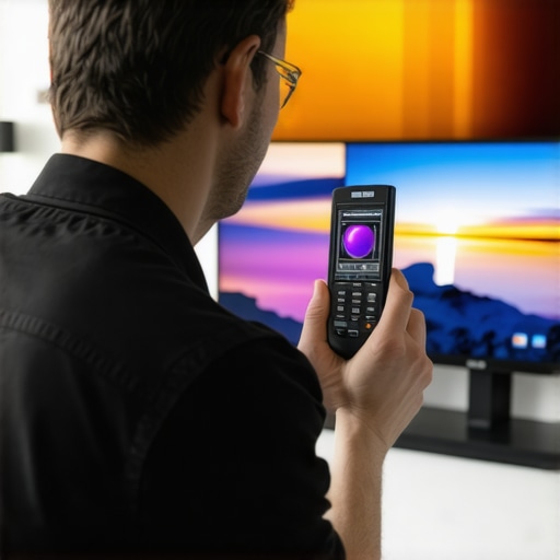 A technician using a colorimeter to calibrate a wall-mounted OLED TV in a living room