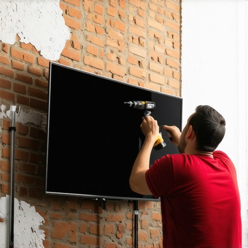 Person carefully installing a television mount on a brick wall with tools and level