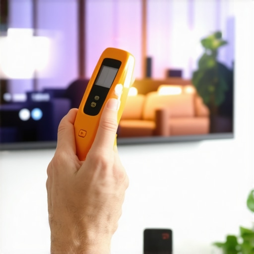 Person checking the temperature of a wall-mounted OLED TV with a digital laser thermometer in a modern living room