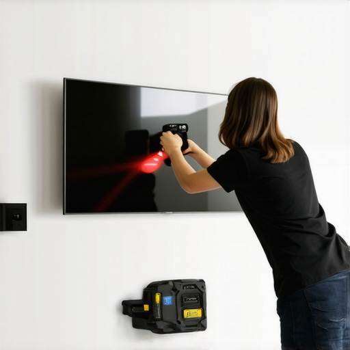 Person using laser level and measuring tape to perfectly mount OLED TV to the wall.