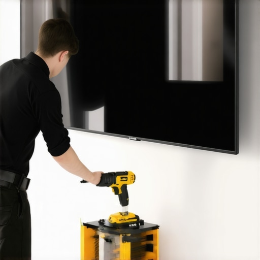 Person installing OLED TV on wall with level and drill, focusing on accurate alignment and support.