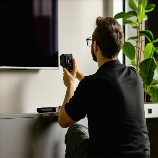 Technician calibrating a wall-mounted OLED TV with specialized tools.