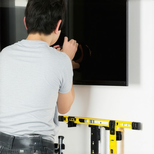 Person installing an OLED TV on a wall with a level tool for precise alignment.