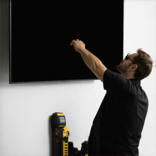 Technician securely mounting a large OLED TV onto wall studs with tools and level.