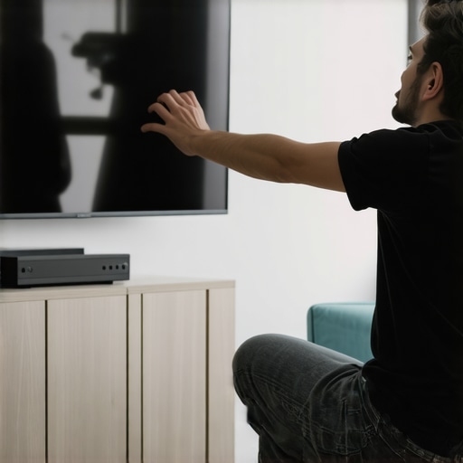 Person securely mounting a flat-screen TV on a wall in a stylish living room