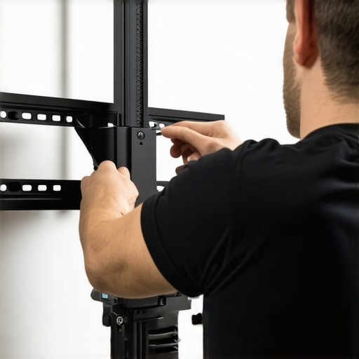 Technician installing a wall mount on drywall for a slim OLED TV with drill and anchors