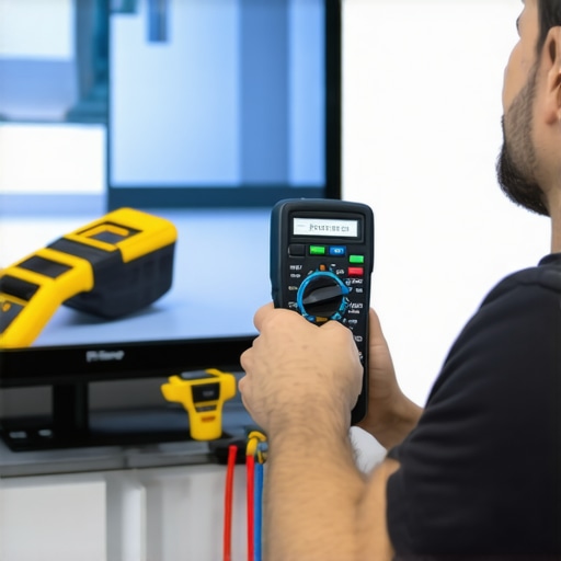 Using a multimeter for display maintenance Technician testing a wall-mounted OLED TV with a multimeter and calibration tools.