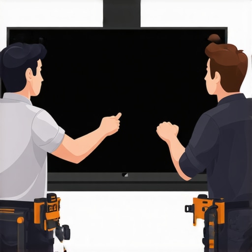 Electrician installing a wall mount for OLED TV using level and stud finder tools