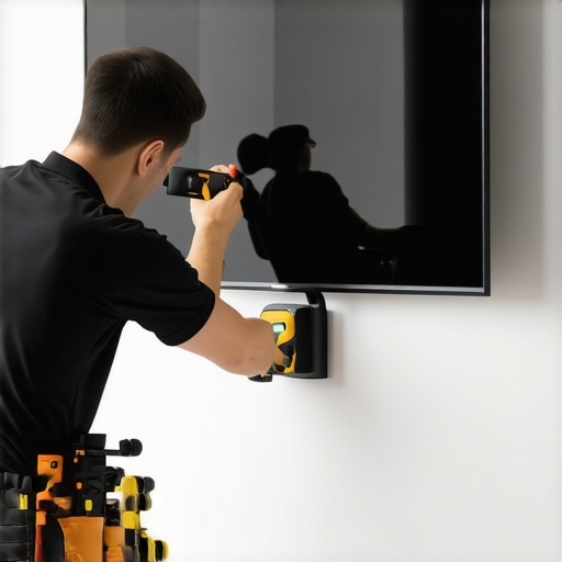 Person securing wall mount brackets onto wall for OLED TV installation