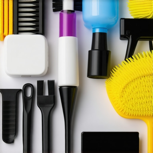 Calibration and Maintenance Tools for Home Displays Close-up of calibration device and cleaning materials near OLED and mini-LED TVs in a home setup