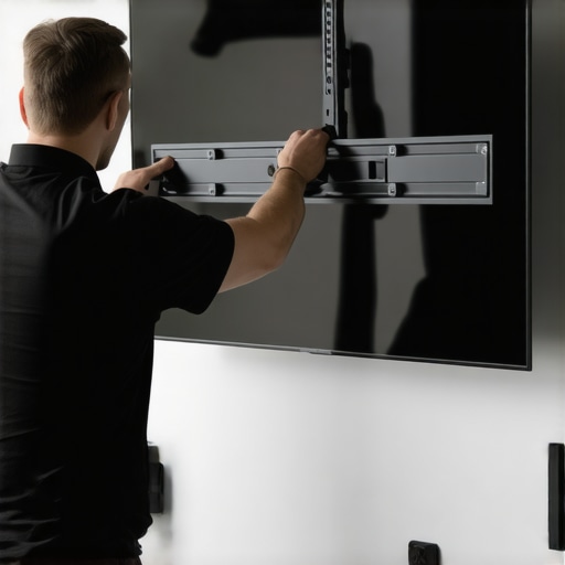Technician securely mounting a large OLED TV on a wall with stud finders and power tools.