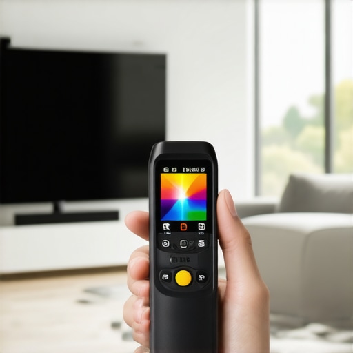 Person using a colorimeter to calibrate an OLED TV for optimal picture quality.
