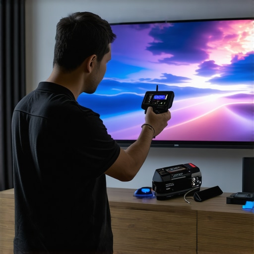 Technician using calibration tools on a large OLED TV in a home theater setting.