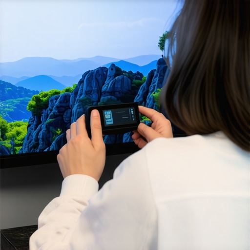 Person calibrating an OLED TV with a colorimeter in a bright living room.