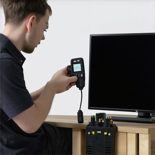 Professional OLED calibration setup Technician using a colorimeter to calibrate a home OLED TV in a modern living room.