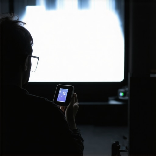 Professional calibration of home theater equipment Person calibrating a projector with a colorimeter tool in a cozy home theater setting.