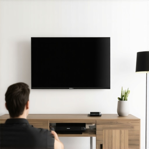Close-up of a technician installing a wall mount on an OLED TV in a living room