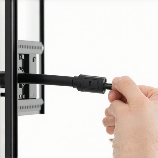 Person connecting high-speed HDMI cable into an 8K TV mounted on the wall, emphasizing quality cabling and secure installation