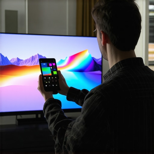 Technician using a color calibration device on a modern OLED TV in a home setting.