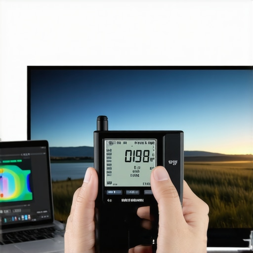 A technician calibrating a large OLED TV using precise measurement tools and software.