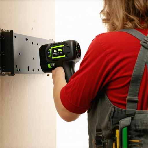 Person locating wall studs with a stud finder for TV mount installation.