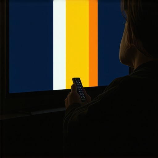 Person adjusting TV settings with test pattern in dark room.