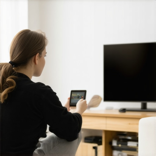 Technician adjusting brightness settings on a sleek 2026 Mini LED TV in a cozy living room