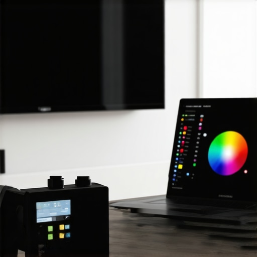 Professional calibration tools and software connected to a high-end OLED TV for precise color calibration.