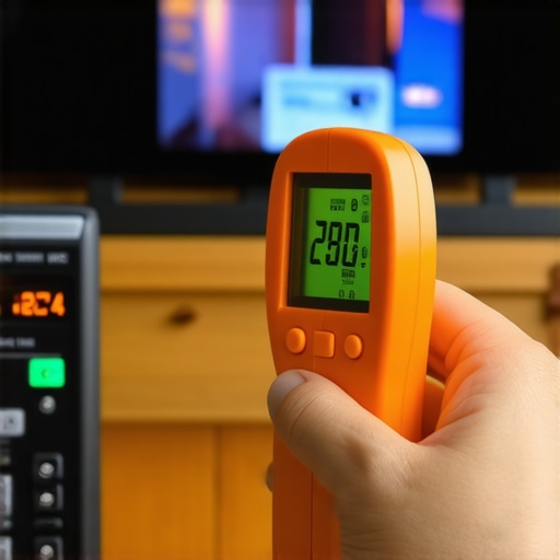 Person using infrared thermometer to check the temperature of a home theater display