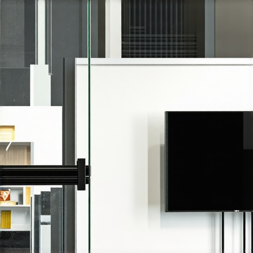 Steel wall mount fixed on glass wall with anchors supporting a large mini LED TV.