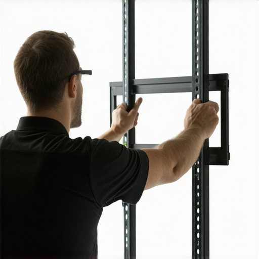 A technician tightening steel bolts on a TV mount in a living room setting.