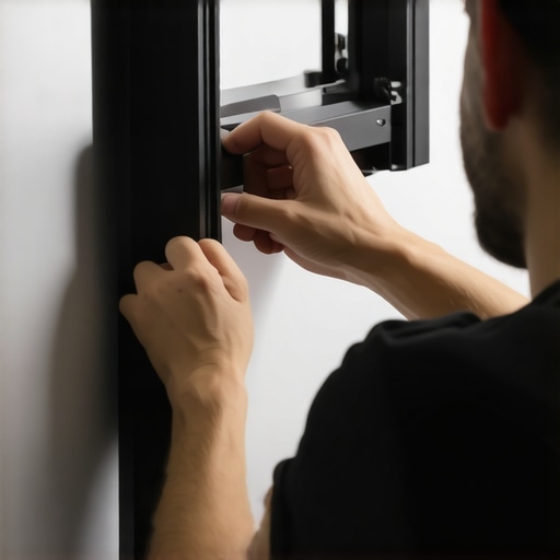 Person tightening bolts on a wall mount for a large TV with tools