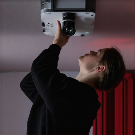 Person aligning ceiling-mounted projector with a laser level to ensure even light distribution.