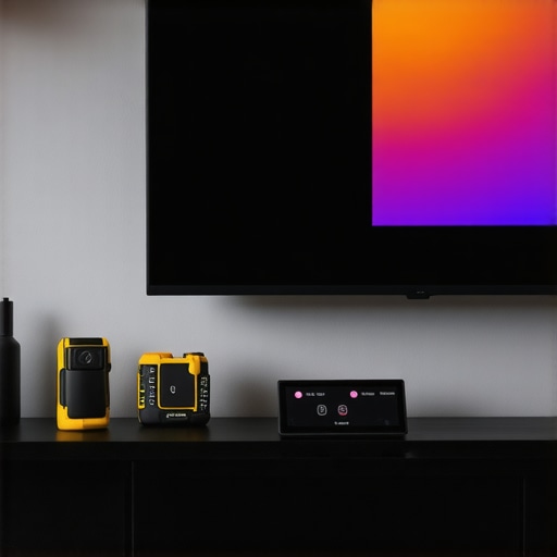 Calibration Tools for Long-Term Display Health Professional calibration equipment positioned near a wall-mounted OLED TV showing calibration interface