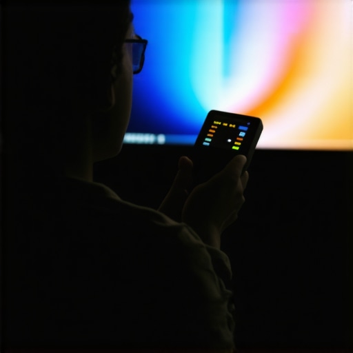 Color Calibration Process Person using a colorimeter to calibrate an OLED TV in a home theater setup